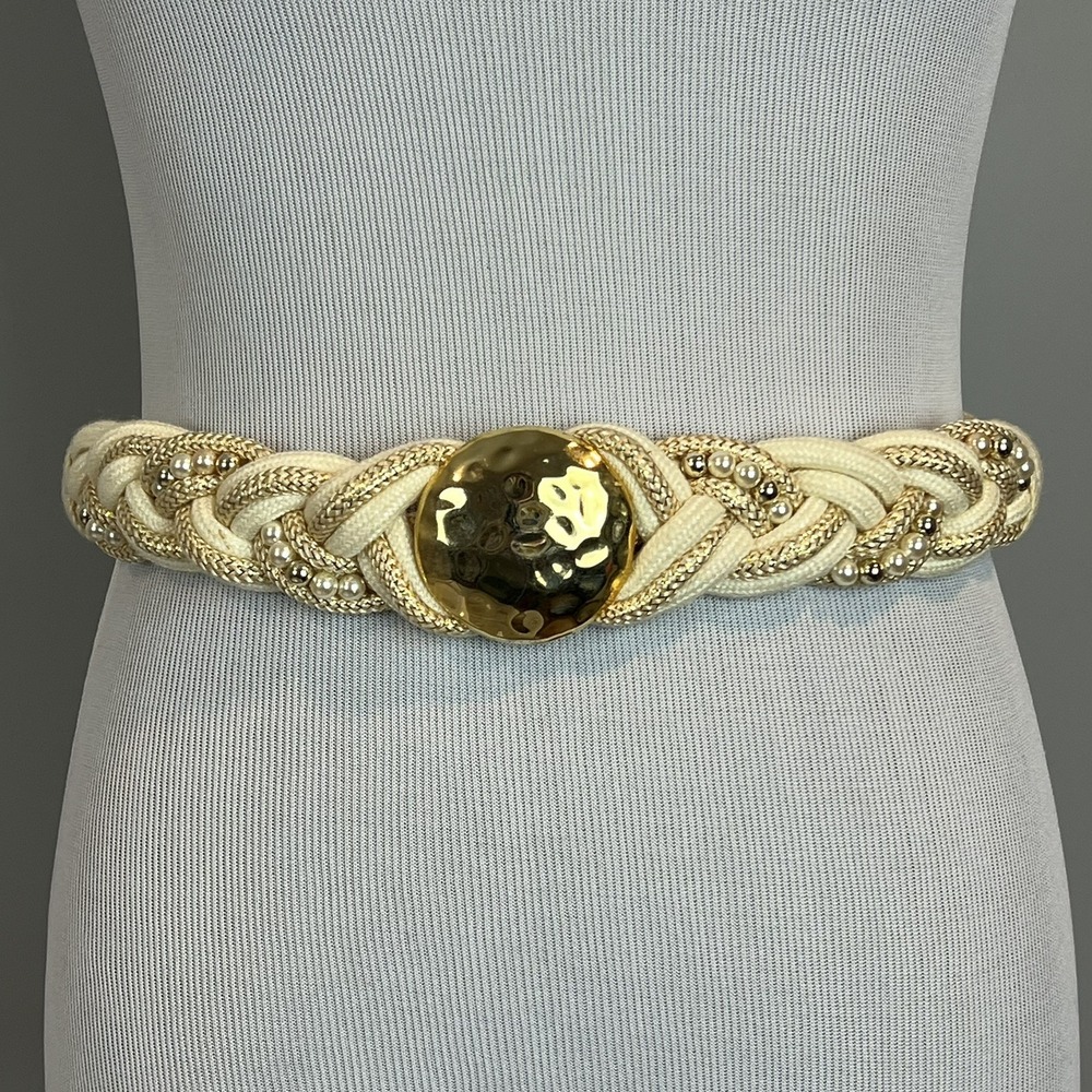 Vintage Women's Braided Woven Belt Macrame Size S/M Ivory Tan Gold Tone